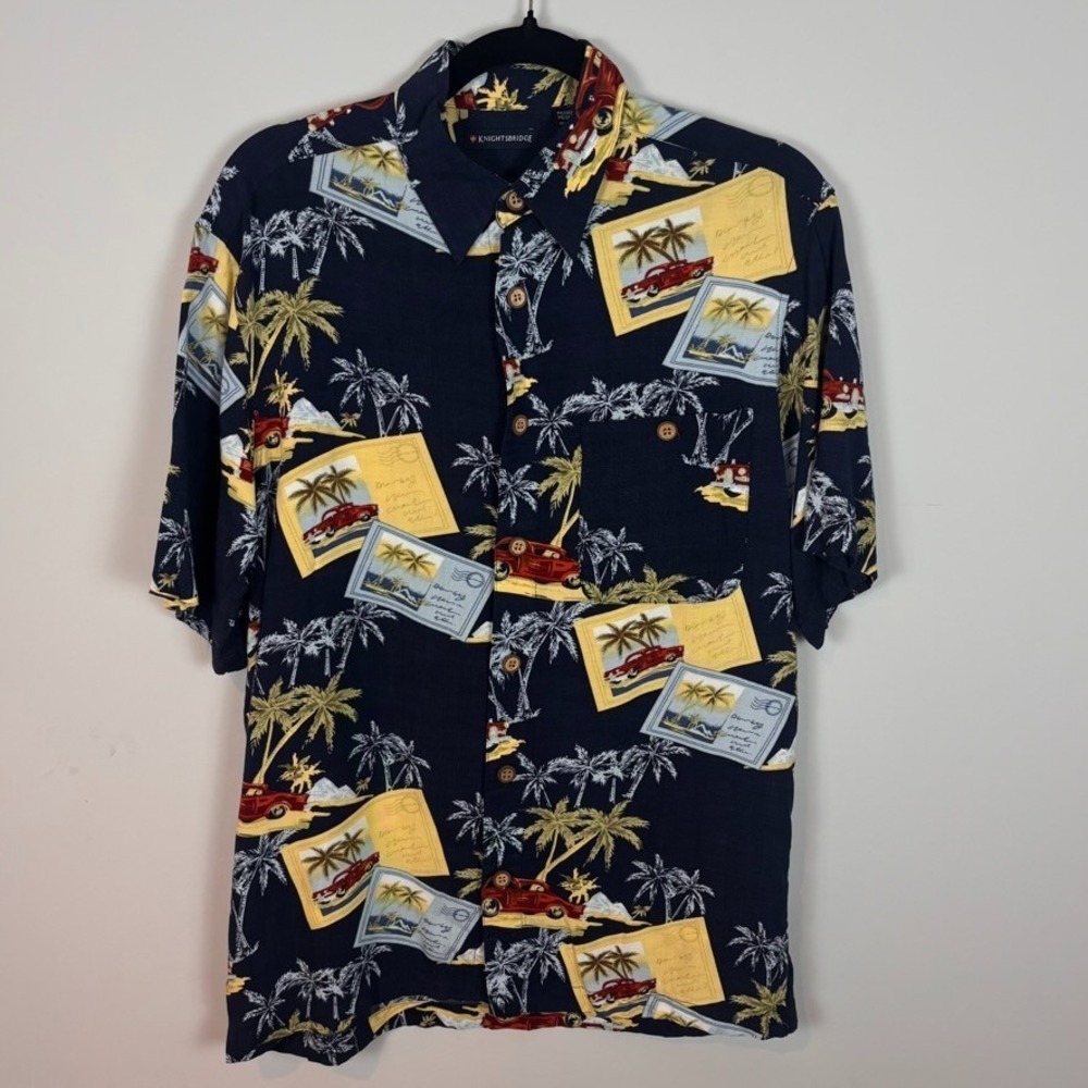 Knightsbridge Mens Navy Tropical Hawaiian Cars Button up Short‎ sleeve Shirt MED